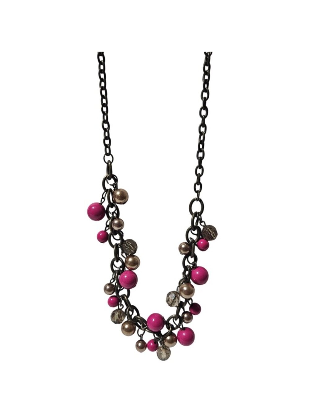 Vintage Pink Beaded Cluster Necklace Gunmetal Tone Chain Bronze Beads Statement